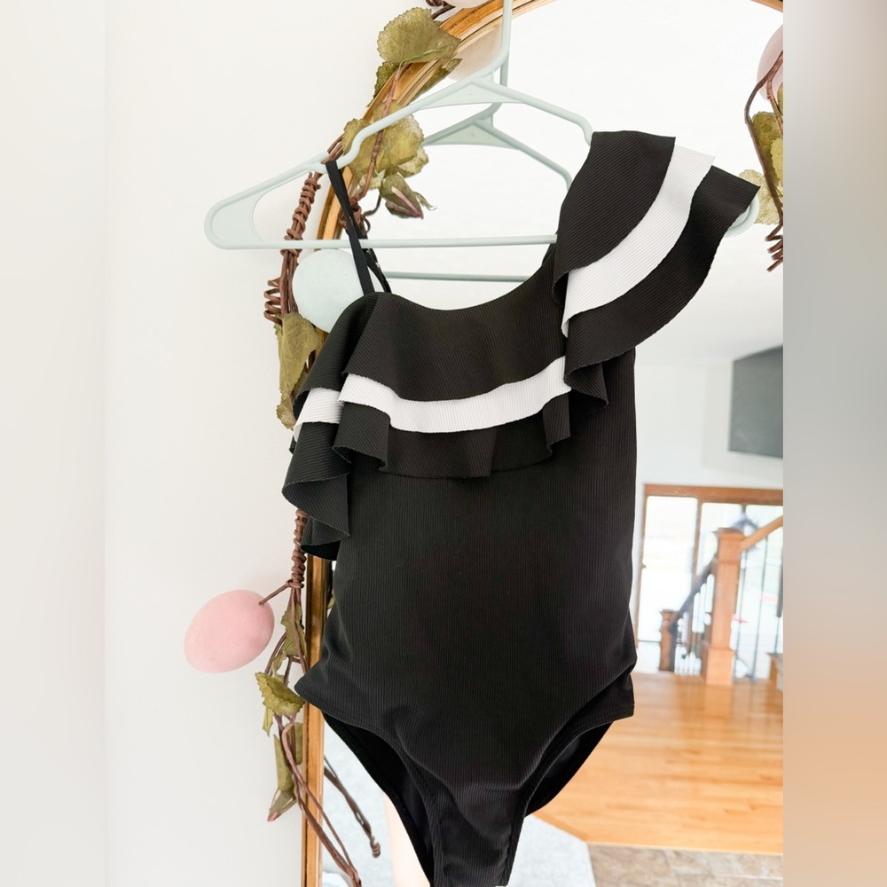 Girls One-Shoulder Black Swimsuit with White Ruffle Trim- 11 years